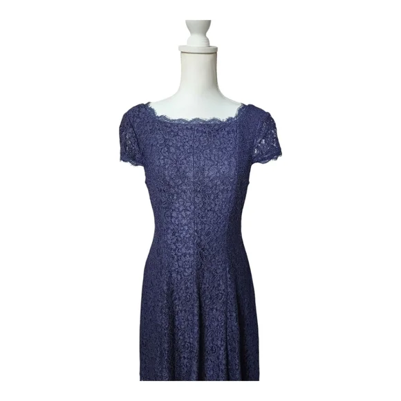 Adrianna Papell Cap Sleeve Full Lace Flared Cocktail Dress Navy Blue, Size 10 - Picture 3 of 11